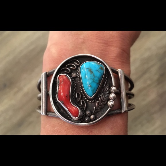 Navajo Sterling Turquoise Real Red  Coral Cuff - Picture 8 of 14